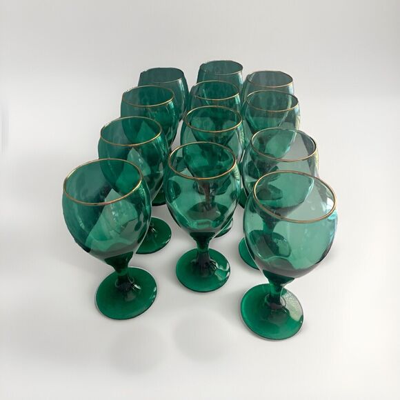 Set of 4 Vintage Libbey Teardrop Juniper Green Wine Goblets Glass Gold Rims - Picture 3 of 12
